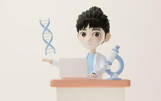 3d Karikatur weiblich Forscher und DNA, 3d Wiedergabe. foto