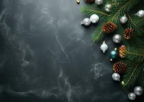 ein Schnee Hintergrund mit Weihnachten Bälle und Zapfen foto