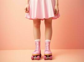 ein Frau Stehen im ein Rosa Skateboard mit ein Paar von Licht Rosa Roller Skates foto