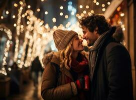 glücklich Paar auf Weihnachten Straße foto