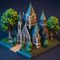 klein hölzern Kirche auf das Hintergrund von das Wald 3d Illustration durch ai generiert foto