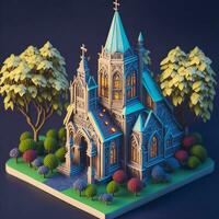 klein hölzern Kirche auf das Hintergrund von das Wald 3d Illustration durch ai generiert foto