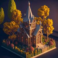 klein hölzern Kirche auf das Hintergrund von das Wald 3d Illustration durch ai generiert foto