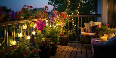 Sommer- Balkon Dekor eingetopft Pflanzen, Laternen, und bunt Blumen illuminate.ai generativ foto
