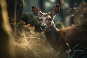 Hirsch im das dicht Wald. wild Kreatur capreolus. ai generativ foto