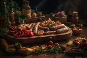 Italienisch gebraten Würstchen und Gemüse auf ein hölzern Tafel. ai generativ foto