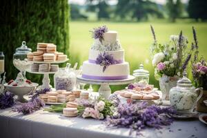 Dessert Buffet Tisch, Essen Gastronomie zum Hochzeit, Party Urlaub Feier, Lavendel Dekor, Kuchen und Nachspeisen im ein Land garden.ai generativ foto