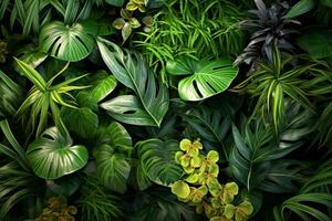 Hintergrund Blätter von tropisch Pflanzen oben view.ai generativ foto