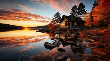 gemütlich hölzern Haus auf das Ufer von das See gegen das Hintergrund von ein Herbst Landschaft.Sonnenuntergang. ai generativ foto