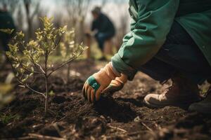 Landwirte Hände Pflanzen Bäume im ein Gemeinschaft Garten. ai generativ foto