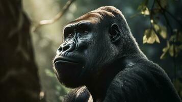 enorm männlich Gorilla auf das Hintergrund von das afrikanisch Savanne, heiß Tag, Tiere von Afrika. ai generativ foto