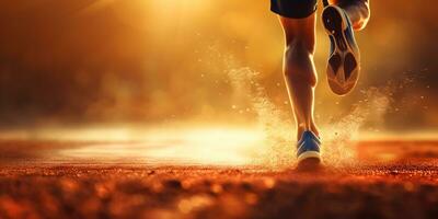 Sport Hintergrund. Läufer Beine Lauf Nieder das Straße Nahansicht auf ein Sneaker. ai generativ foto
