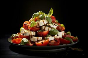 Caprese Salat, dunkel hintergrund.ai generativ foto