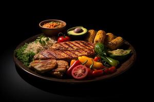 Teller mit typisch Brasilianer Essen gesund Platte, dunkel hintergrund.ai generativ foto