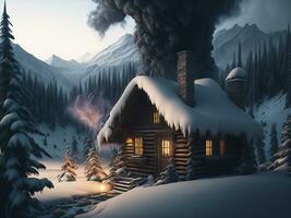 ein gemütlich Kabine eingebettet im das Berge, Rauch steigend, umgeben durch ein Winter Wunderland foto