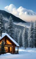 ein gemütlich Kabine eingebettet im das Berge, Rauch steigend, umgeben durch ein Winter Wunderland foto