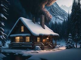 ein gemütlich Kabine eingebettet im das Berge, Rauch steigend, umgeben durch ein Winter Wunderland foto