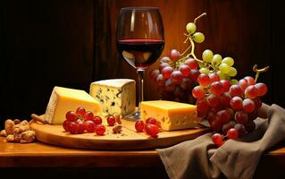 Wein, Käse und Trauben im ein Jahrgang aufstellen. erstellt mit generativ ai foto