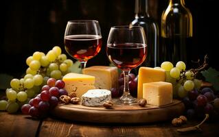 Wein, Käse und Trauben im ein Jahrgang aufstellen. erstellt mit generativ ai foto