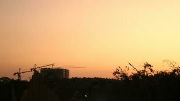 Sonnenuntergang Aussicht von das Straße mit Silhouetten von Bäume foto