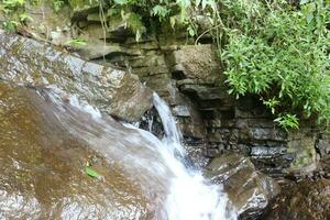 Nahansicht Aussicht von klar Wasser Kaskadierung Nieder Fluss Felsen foto