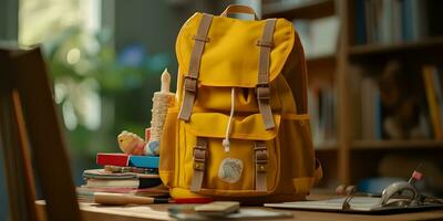 Gelb Schule Tasche mit Zubehörteil auf leeren Hintergrund. zurück zu Schule Konzept. foto