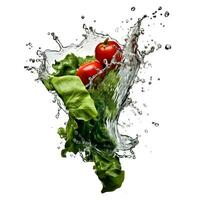 Wasser Spritzen und Gemüse. frisch Pfeffer, Gurke und Rettich. ai generisch foto