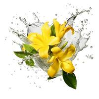 Gelb Blume im Wasser Spritzen isoliert auf Weiß Hintergrund. ai generisch foto