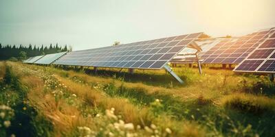 Solar- Paneele im Solar- Bauernhof mit Sonne Beleuchtung zu erstellen das sauber elektrisch Leistung. foto