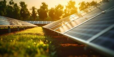 Solar- Paneele im Solar- Bauernhof mit Sonne Beleuchtung zu erstellen das sauber elektrisch Leistung. foto