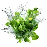 Wasser Spritzen und Gemüse. frisch Pfeffer, Gurke und Rettich. ai generisch foto