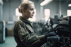 ein Frau im ein Militär- Uniform Arbeiten auf ein Maschine ai generativ foto