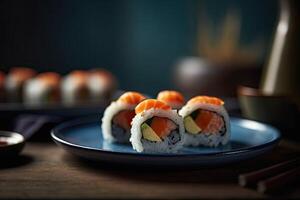 Sushi Satz. Rollen mit Lachs, Aal und rot Kaviar auf ein hölzern Platte. Restaurant. ai generativ foto