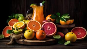 ein Glas von Orange Saft und Orange Saft im ein Glas Krug mit frisch Früchte auf hölzern Tisch. Orange Saft und frisch Früchte immer noch Leben ai generativ foto