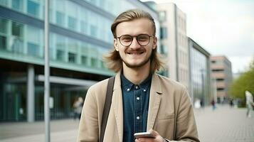 ein Mann mit Brille und ein Bart ist lächelnd während halten seine Zelle Telefon ai generativ foto
