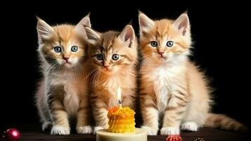 Katzen feiern Geburtstage mit Kuchen und Geburtstag Kerzen ai generativ foto