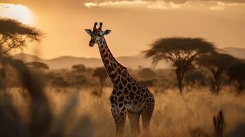 Giraffe auf das Hintergrund von das afrikanisch Savanne, heiß Tag, Tiere von Afrika. ai generativ foto