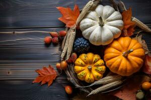 das Erntedankfest - - thematisch Hintergrund mit Herbst Blätter und Kürbisse. ai generativ foto