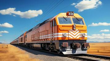 Fracht Zug Lokomotive Orange mit Ladung auf ein sonnig Tag und Blau Himmel. ai generativ foto