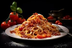 Spaghetti alla Amatriciana mit Speck Speck, Tomaten und Pecorino Käse.ai generativ foto