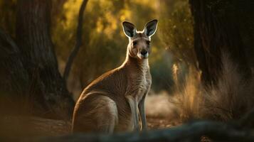 Känguru auf das Hintergrund von australisch Natur, heiß Tag, Tiere von Australien. ai generativ foto
