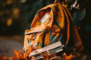 Orange Schule Rucksack und Herbst Blätter auf Natur Hintergrund. zurück zu Schule. ai generativ foto
