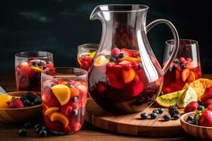 Sangria von frisch Früchte und Beeren im ein Glas Krug mit Eis. Sommer- Obst Cocktail. ai generativ foto