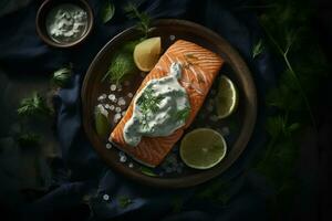 frisch gebacken Lachs, geschmückt mit Knoblauch Soße. ai generativ foto