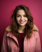 Porträt von ein schön jung Frau im Rosa Mantel gegen ein Rosa Hintergrund generativ ai foto
