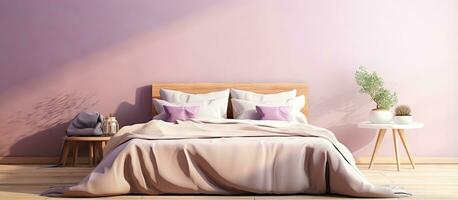 ein hölzern doppelt Bett mit violett Leinen- im Morgen Sonnenlicht Innere passen zum ein Königin Größe foto
