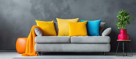vibrierend getönt Kissen und werfen auf gemütlich grau Sofa foto