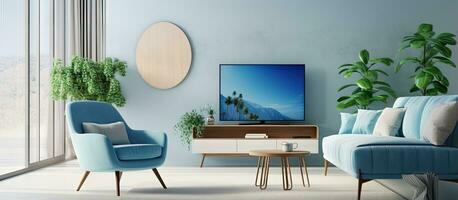 geräumig Leben Raum mit Fernseher Blau Stuhl und kreisförmig Tabelle Bereitstellung ein fegen Aussicht foto