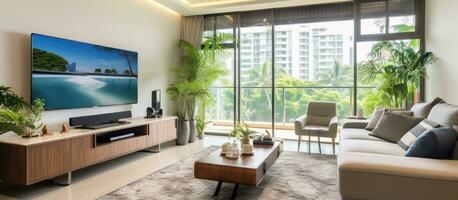 ein Blick von meine Singapur Leben Zimmer einschließlich ein Fernseher Konsole und Einrichtung auf April 6 2019 foto