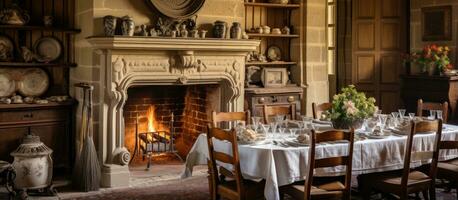 Innere von ein Französisch Chateau Essen Zimmer mit Jahrgang Kamin hölzern Decke und Antiquität Utensilien foto